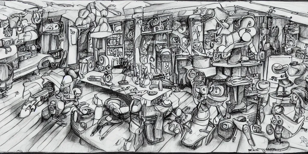 Image similar to high detailed drawing of smurfs and long white bones black and white, tables, tools, leaking oil, line art, pen & ink drawing