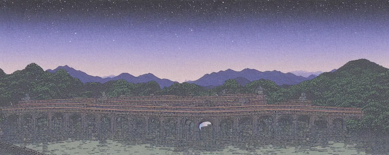 Image similar to landscape artwork of multiple large interconnected castles,moat,bridge,mountains,digital art,night sky,by Kawase Hasui masterpiece,high quality,pretty,fantasy,impossible