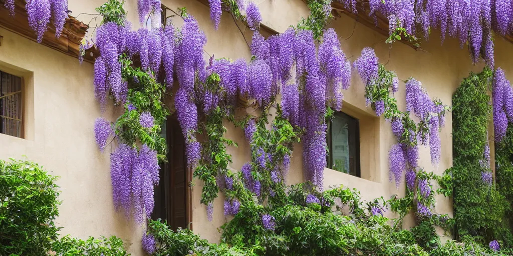 Image similar to photo of a house with wisteria flowers, wallpaper, arhitectural shot, national geographic, award arhitectural photography, professional arhitectural photography, sunny, day time, beautiful, warm light, fernando guerra, tekla evelina severin, karen vikke