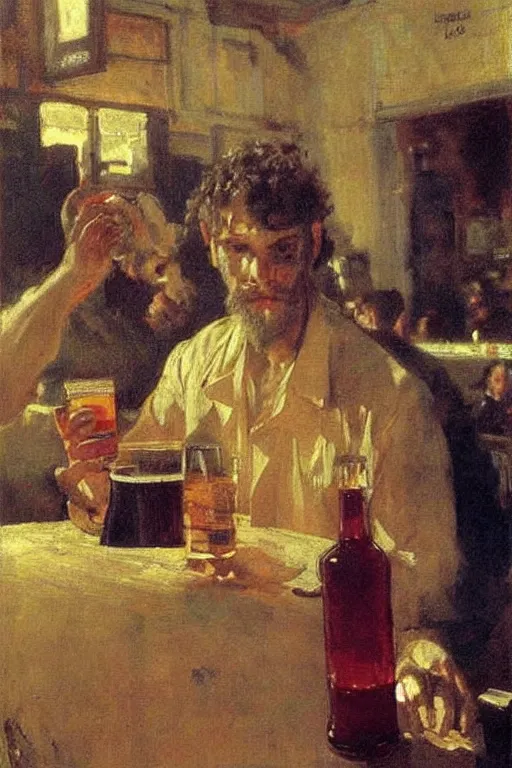 Prompt: lucifer drinking in a modern pub. art by ilya repin.