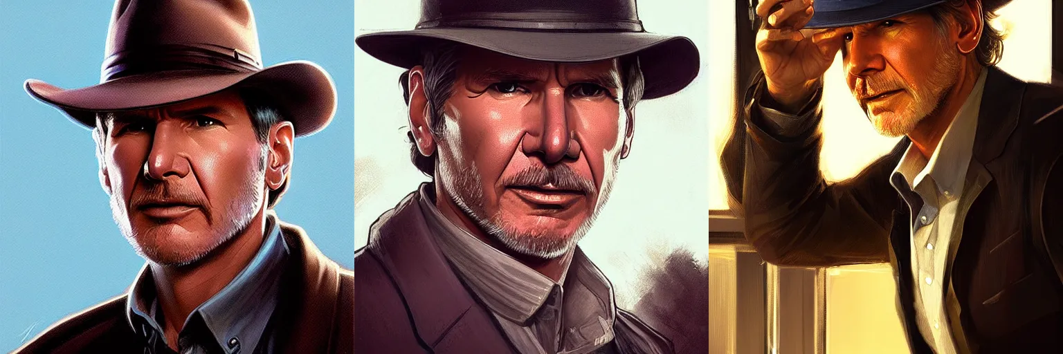 Prompt: portrait of Harrison Ford as a detective, highly detailed, digital painting, artstation, concept art, sharp focus, illustration, art by artgerm and greg rutkowski and alphonse mucha