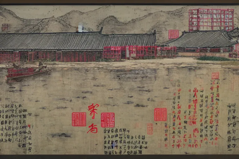 Image similar to a chinese prison near a river by peter doig, overlaid with chinese adverts