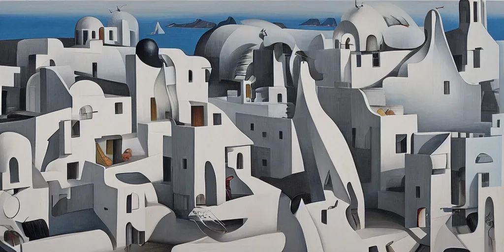 Image similar to a painting of abstract buildings like santorini by zaha hadid and yves tanguy and aaron horkey