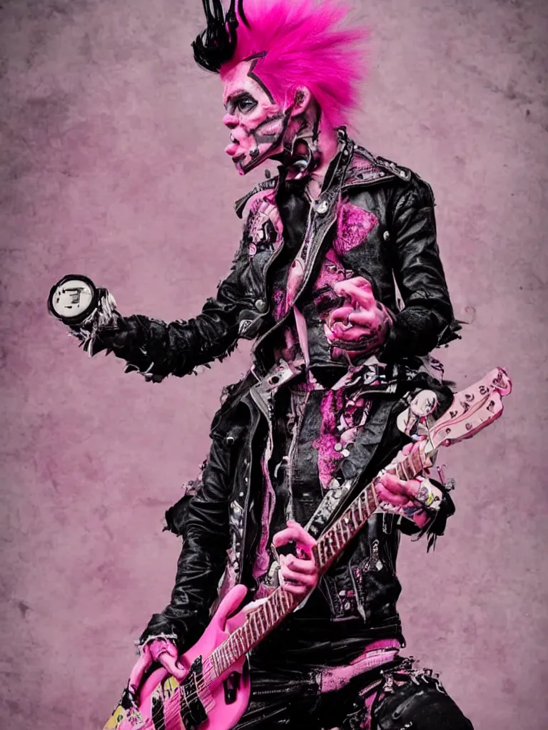 Image similar to a singular Punk rock Frankenstein with a pink mohawk playing guitar