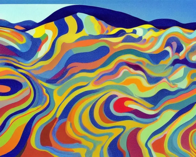 Image similar to A wild, insane, modernist landscape painting. Wild energy patterns rippling in all directions. Curves, organic, zig-zags. Saturated color. Mountains. Clouds. Rushing water. Wayne Thiebaud.