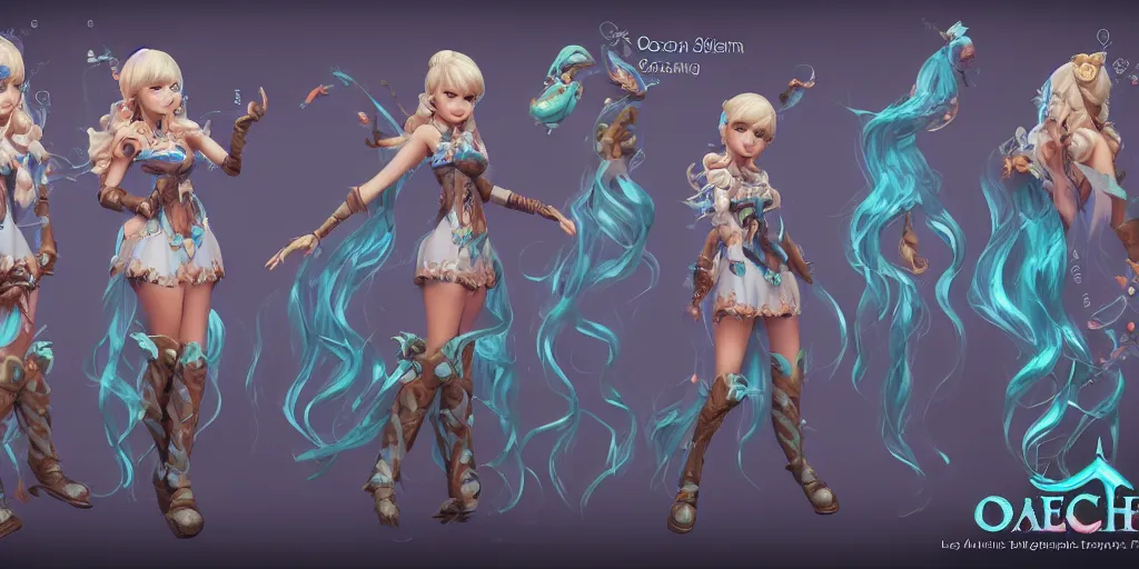 Image similar to Character sheet of gorgeous ocean song seraphine (League of Legends). 3d render, octane render, game art, realistic, highly detailed, trending on artstation, 4k, trending on artstation, pixar, cgsociety, unreal engine 5, redshift render, trending on artstation, blender, behance, cg