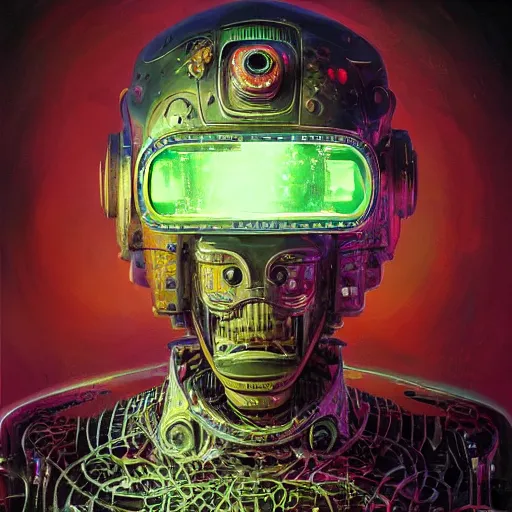 Image similar to low angle shot of A Robot With its head missing, gushing out oil from the hole, walking towards the viewer, neon color scheme, by Clive Barker , intricate, elegant, highly detailed, centered, digital painting, artstation, concept art, smooth, sharp focus, illustration, artgerm, Tomasz Alen Kopera, Peter Mohrbacher donato giancola, Joseph Christian Leyendecker, WLOP, Boris Vallejo.