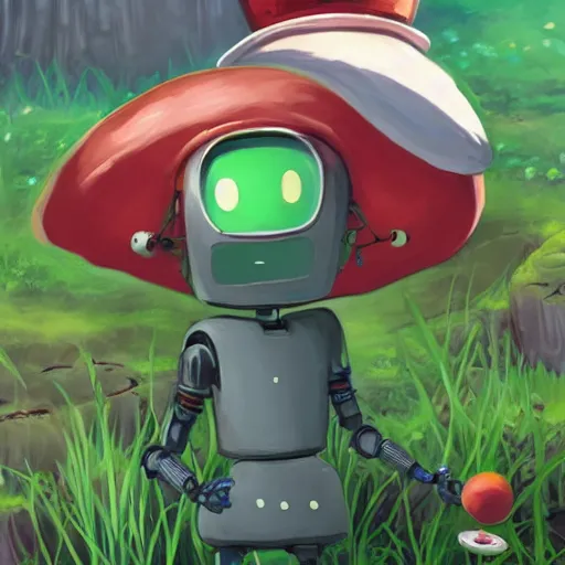 Image similar to cute little smiling robot with tomato hat and one chive in one hand, made in abyss style, standing on a forest