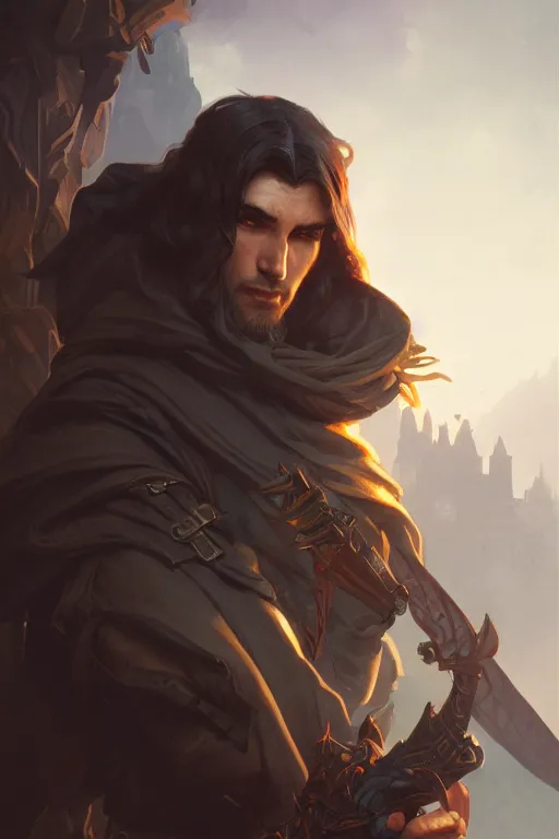 Image similar to photography of male rogue, deep focus, d & d, fantasy, intricate, elegant, highly detailed, digital painting, artstation, concept art, matte, sharp focus, illustration, hearthstone, art by artgerm and greg rutkowski and alphonse mucha
