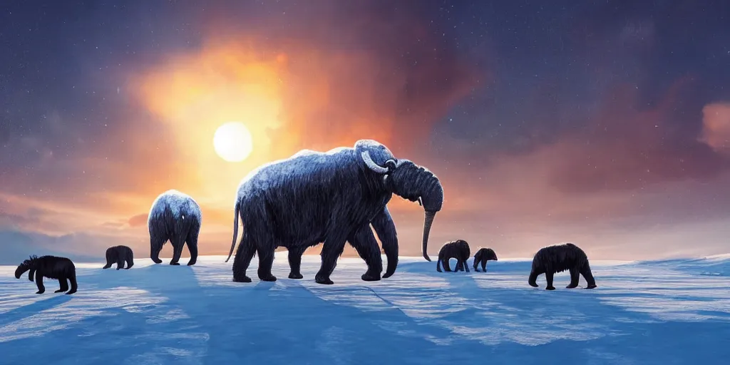 Prompt: digital art, trending on artstation, sunset at the north pole with some mammoths in the background walking while a giant meteorite falls from the sky in the background