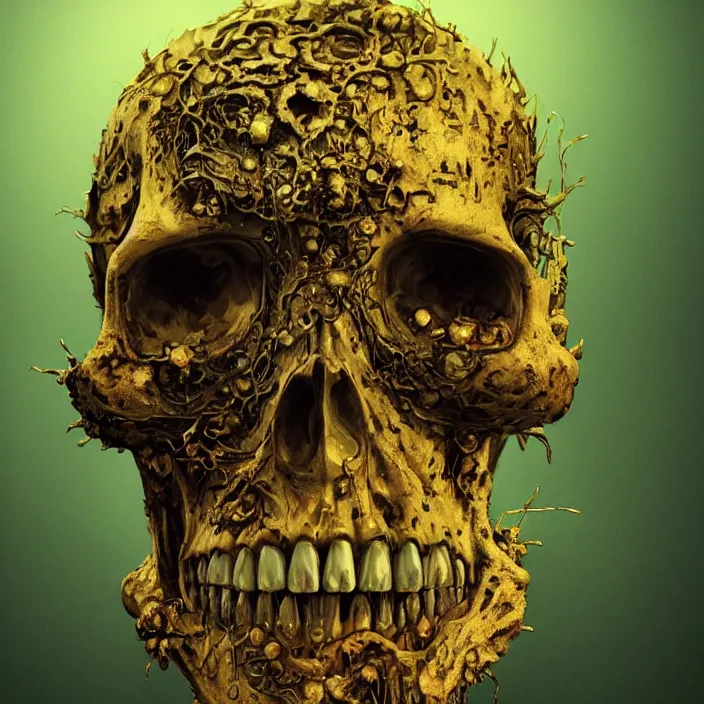 Image similar to portrait of a radioactive skull. razor sharp teeth. infected with zombie fungus. intricate abstract. intricate artwork. nightmare fuel. by Tooth Wu, wlop, beeple, dan mumford. octane render, trending on artstation, greg rutkowski very coherent symmetrical artwork. cinematic, hyper realism, high detail, octane render, 8k, iridescent accents