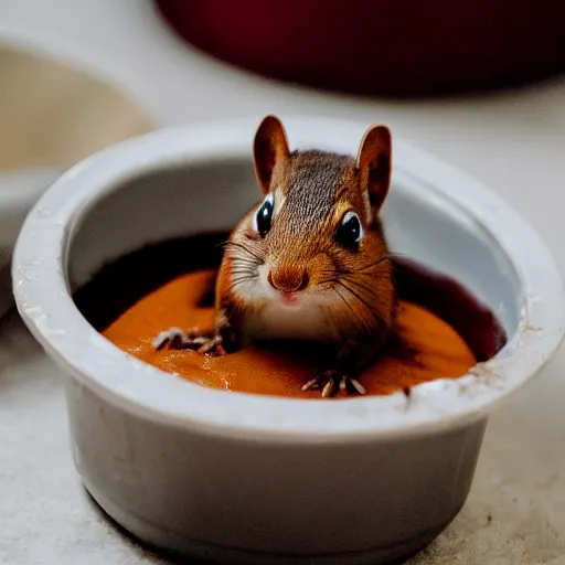 Prompt: photo of chipmunk sitting inside chocolate pudding, messy