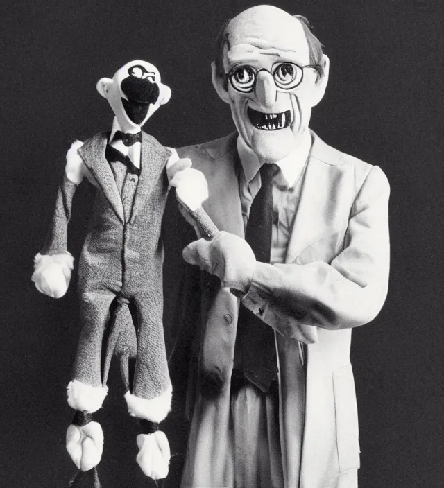 Image similar to hyper realistic old 1 9 8 0 photography of lunatic mad ventriloquist old man with terrific haunted puppet