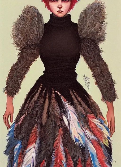 Image similar to teen girl with an eccentric haircut wearing an dress made of feathers, artwork made by ilya kuvshinov and donato giancola
