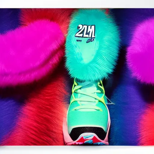 Image similar to poster nike shoe made of very fluffy colorful faux fur placed on reflective surface, professional advertising, overhead lighting, heavy detail, realistic by nate vanhook, mark miner