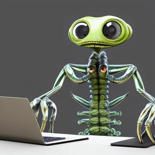 Prompt: anthropomorphic crab like alien with six arms long nose and four eyes with glasses sitting working at laptop computer with technology background detailed photo realistic 3d render