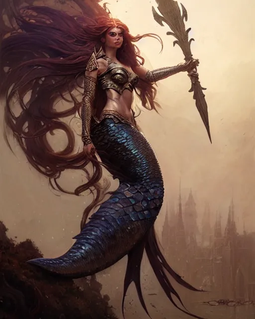 Prompt: a fierce mermaid princess in full armor, fantasy character portrait, ultra realistic, concept art, intricate details, highly detailed by greg rutkowski, gaston bussiere, craig mullins, simon bisley