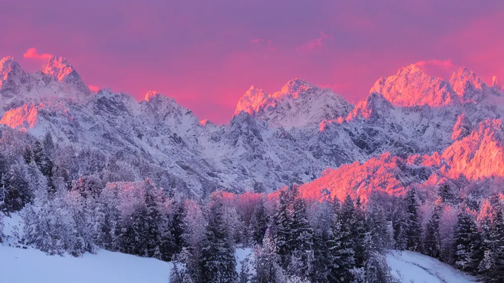 Image similar to Beautiful snowy mountains under the pink clouds backlit by the sun