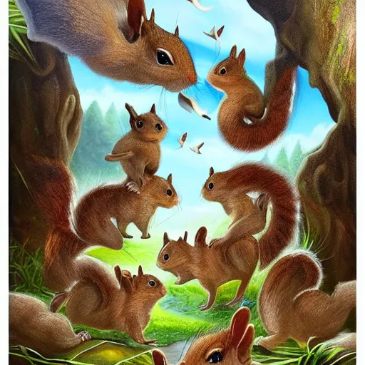 Image similar to ultra realist soft painting of an army of squirrels, symmetry accurate features, very intricate details, volumetric clouds, kawai world