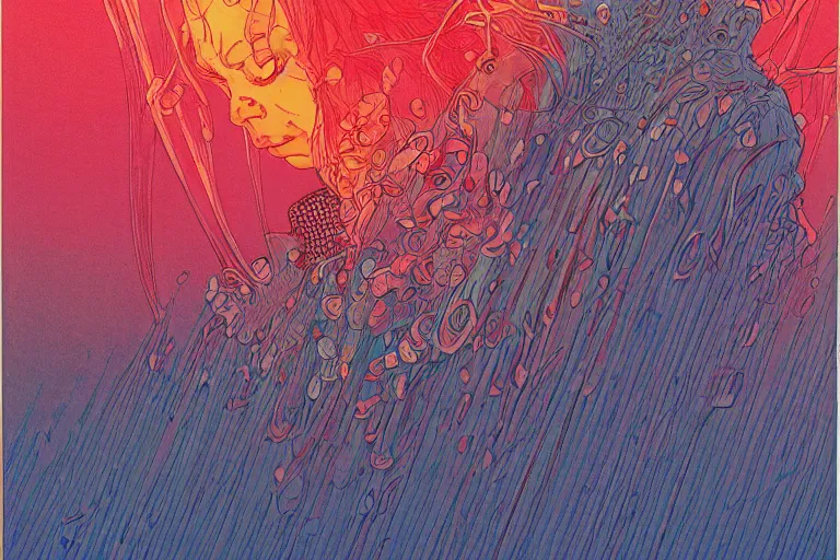 Image similar to it's so lonely when you don't know yourself, risograph artwork by Moebius and Alex Ross, intricately deteailed, trending on artstation