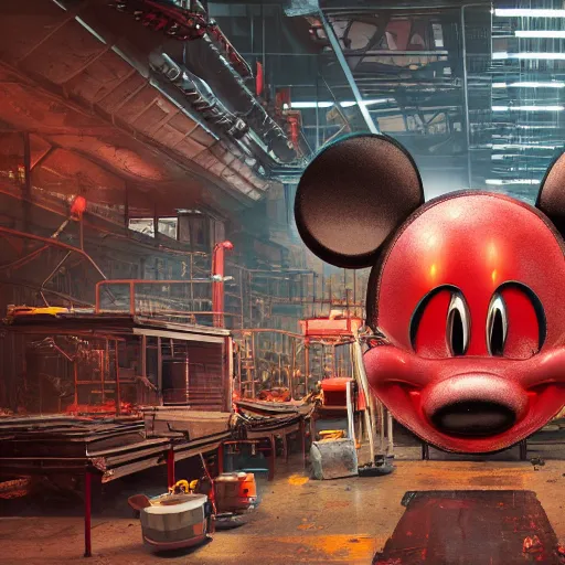 Prompt: a giant mickey mouse head, factory floor, surrounded by factory workers, octane render, cgstation, 3 d render, very detailed, mindblowing, blood and guts, gritty, cyberpunk, red and cinematic lighting, hyper realism