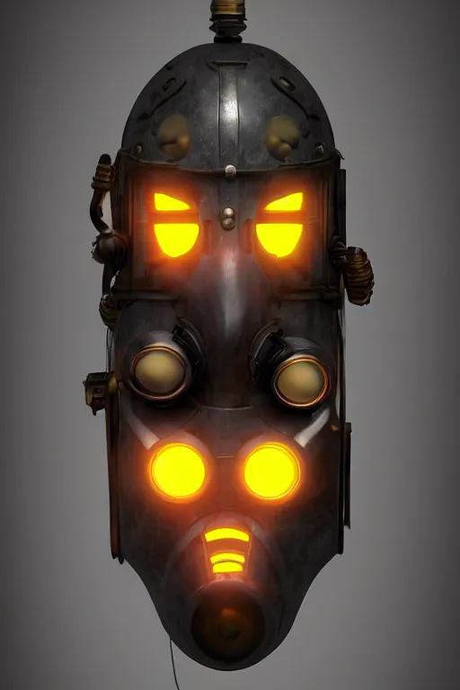 Image similar to steampunk mask minimalist fantasy art robot ninja helmet, global illumination ray tracing hdr fanart arstation by sung choi and eric pfeiffer and gabriel garza and casper konefal radiating a glowing aura