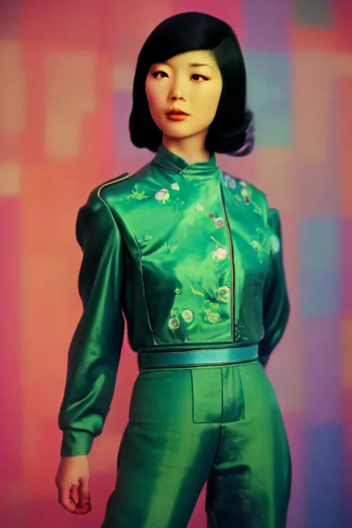 Prompt: ektachrome, technicolor, 3 5 mm, highly detailed : incredibly realistic, youthful asian demure, perfect features, feminine cut, beautiful three point perspective extreme closeup 3 / 4 portrait photo in style of chiaroscuro style 1 9 7 0 s frontiers in flight suit cosplay vogue fashion edition, nick night, show studio