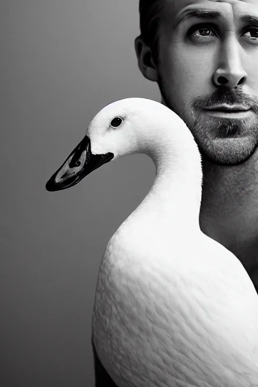 Image similar to ryan gosling fused with a white goose, wings, humanoid, hands, natural light, bloom, detailed face, magazine, press, photo, steve mccurry, david lazar, canon, nikon, focus