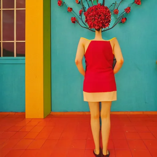 Image similar to giant flower head, frontal, girl standing in mid century hotel, surreal, symmetry, bright colors, cinematic, wes anderson