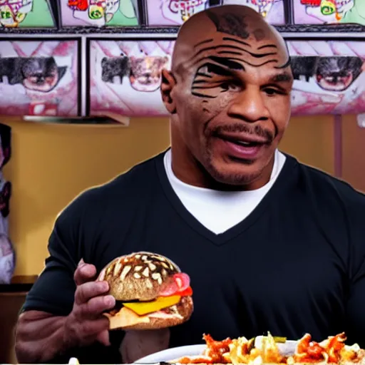 Image similar to mike tyson mukbang, hyperrealistic, garbage pail kids