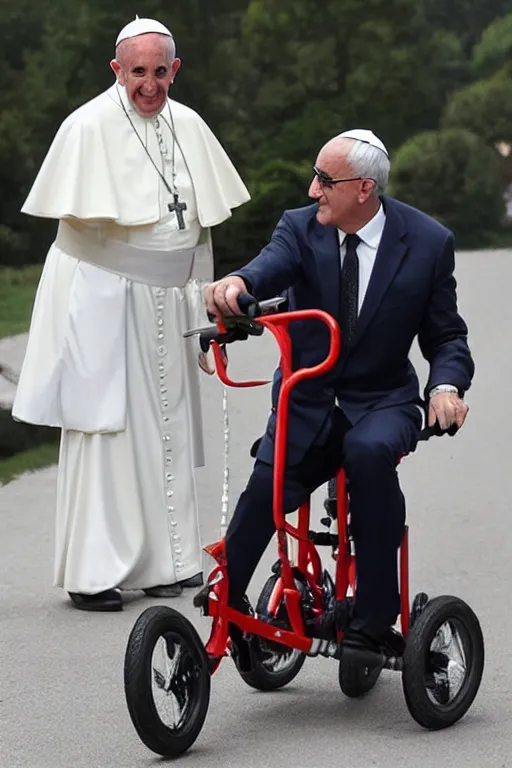 Image similar to the pope riding a childs tricycle