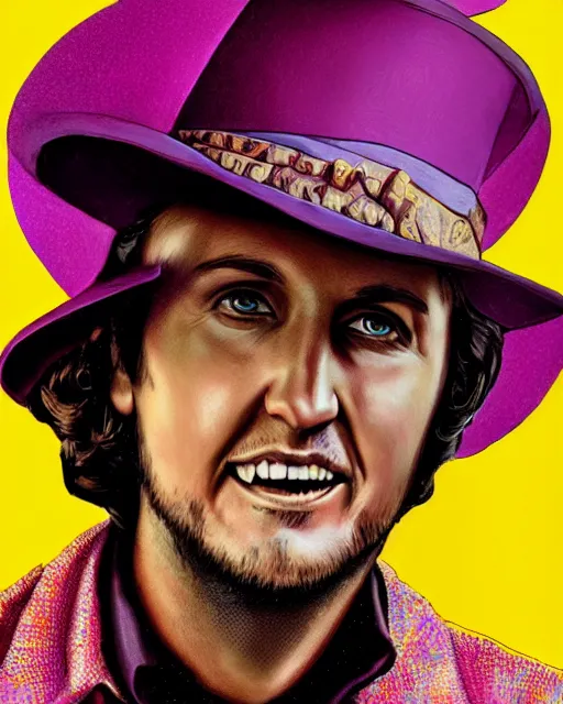 Prompt: Luke Bryan as Willy Wonka, digital illustration portrait design, detailed, gorgeous lighting, dynamic portrait