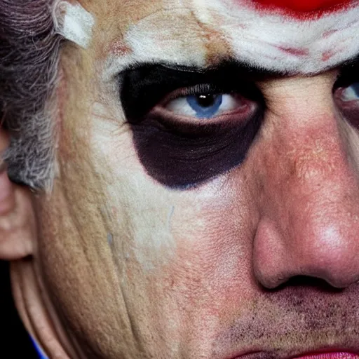 Image similar to uhd candid photo of hunter biden wearing bizarre clown makeup, with accurate face, in an abandoned drug den, uhd, studio lighting, correct face, photo by annie leibovitz