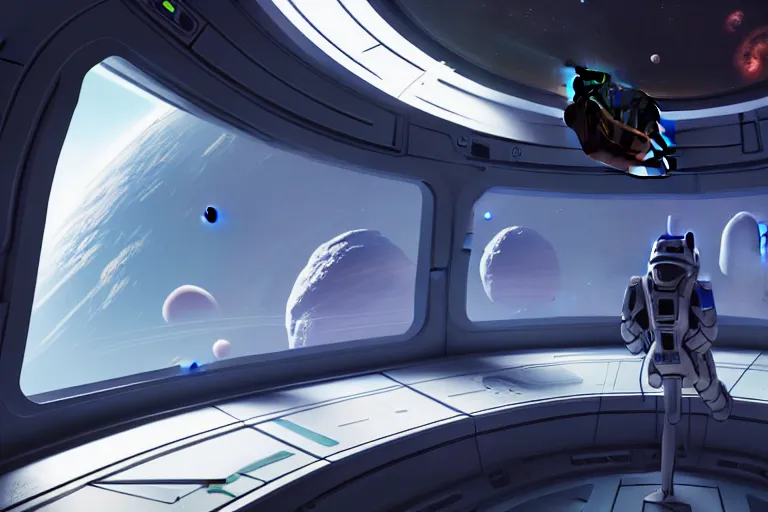 Image similar to interior of space base in orbit with a huge window, on the window you can see the planet below clearly, the planet is warm with canyons, sharp focus, concept art, very detailed, very realistic, trending on artstation, in the style of star citizen, star wars, overwatch, elite dangerous, beautiful, sci fi, unreal engine,