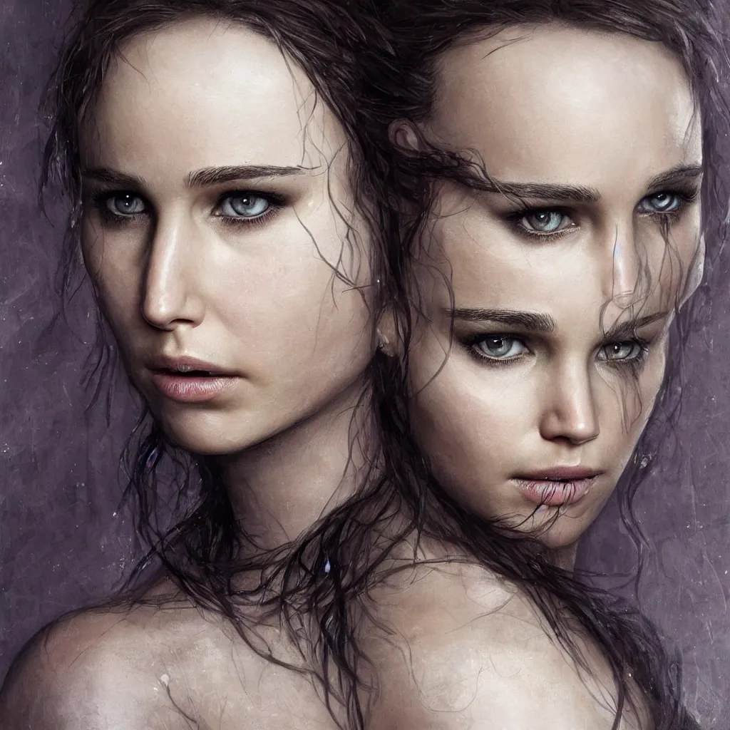 Prompt: half nathalie portman half Jennifer lawrence centered detailed portrait which looks like from Game of Thrones, realistic character concept, identical eyes, gazing eyes, beautiful eyes medium shot, elegant pose, fantasy, illustration, slender symmetrical face and body, artstation, cinematic lighting, hyperdetailed, cgsociety, 8k, high resolution, Charlie Bowater, Tom Bagshaw and Tom Richmond, single face, insanely detailed and intricate, beautiful, elegant, golden ratio, dark fractal background, vfx, postprocessing, alluring