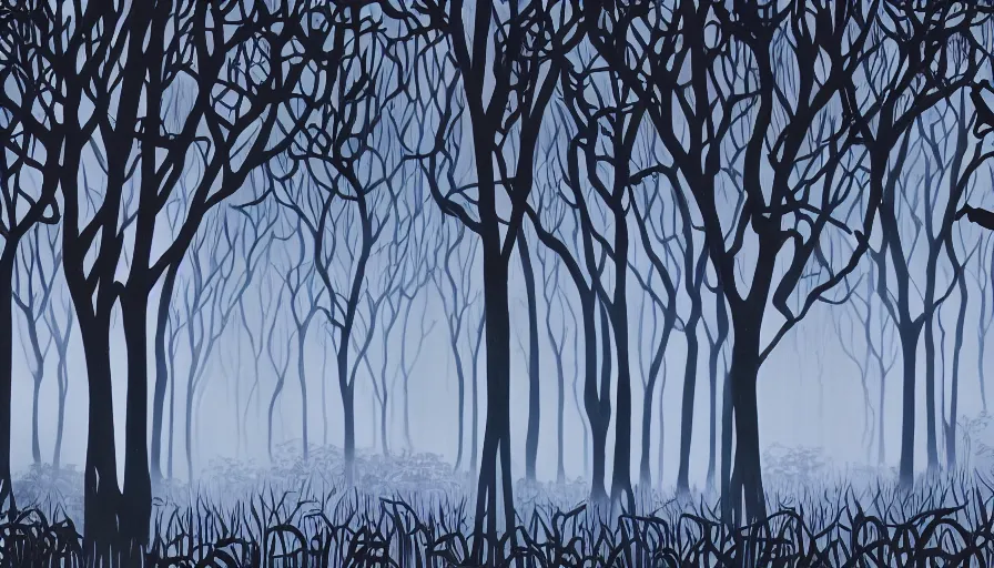 Image similar to eyvind earle disney background art of a beautiful dark fantasy forest