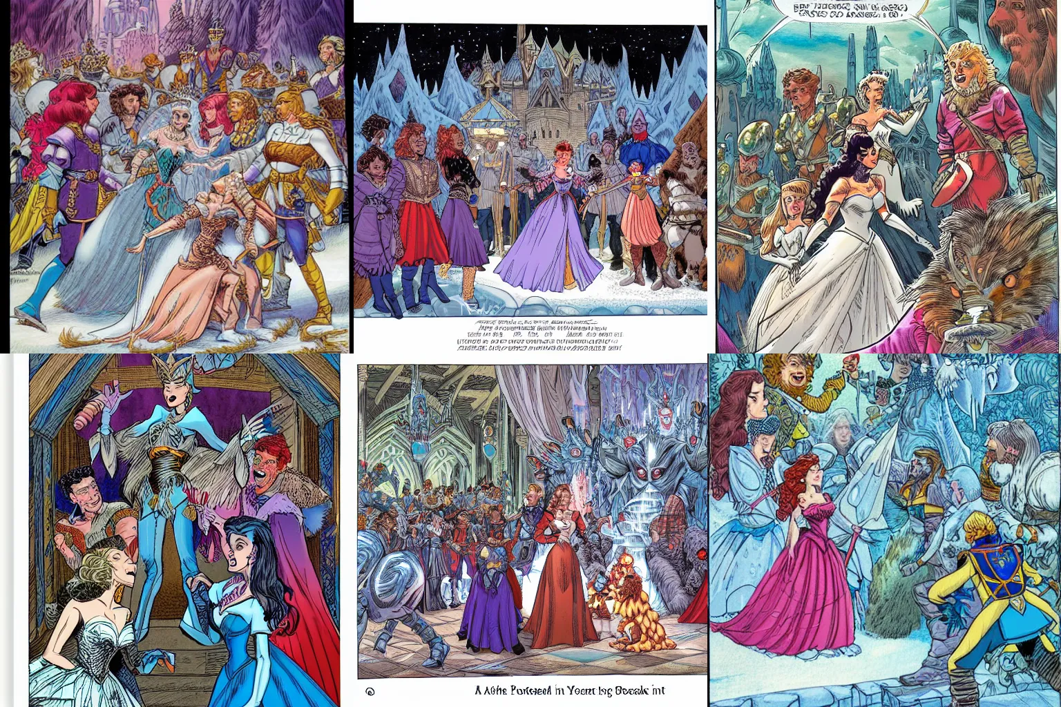 Prompt: a princess visiting royal court, surrounded by suitors, attacked by the deadly queen of ice, by arthur adams, color by mobius, highly detailed, trending