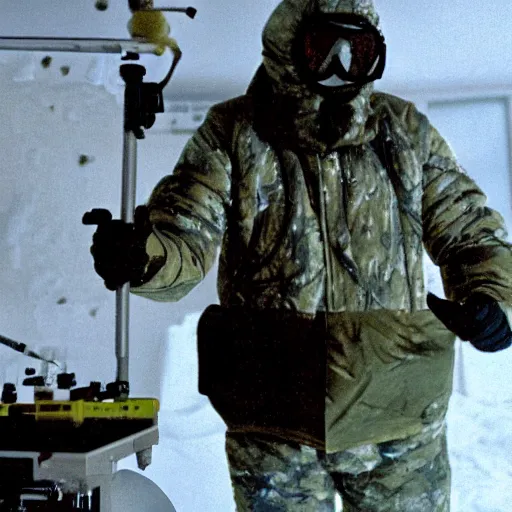 Image similar to filmic extreme close up shot movie still 4 k uhd interior 3 5 mm film color photograph of a scientist attacking a camouflaged solder in a lab in antarctica by grabbing him with his claw