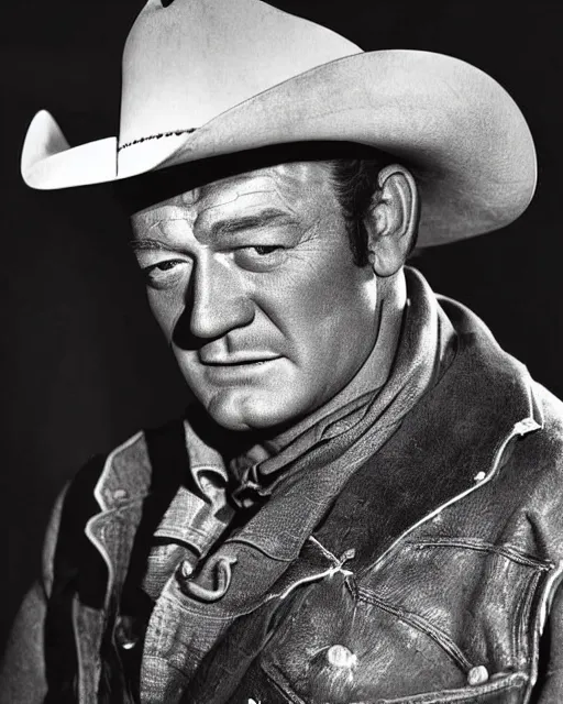 Prompt: vintage B&W ultimate cowboy photograph of John Wayne, untitled, hard lighting, photorealistic, high quality, high resolution, cinematic detailed