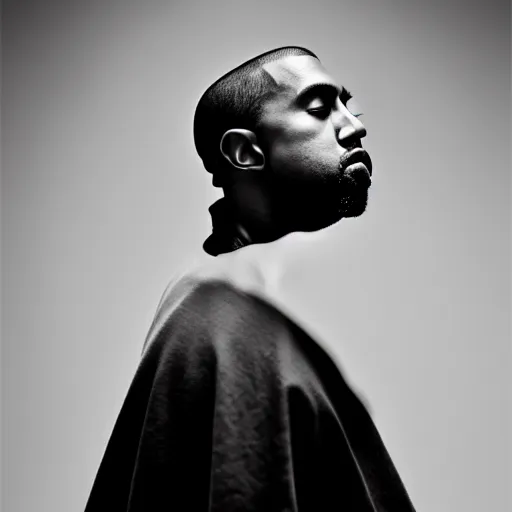 Image similar to a chiaroscuro lighting portrait of kanye west dressed as rick owens, black background, portrait by julia margaret cameron, shallow depth of field, 8 0 mm, f 1. 8