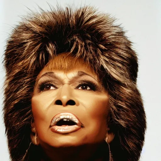 Image similar to tina turner portrait, turnip hair, photoshoot