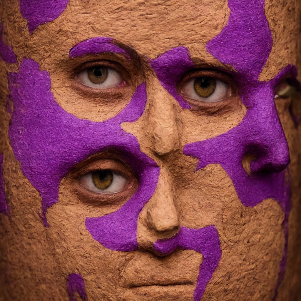 Image similar to highly detailed portrait photography steered gaze of a stern face, wearing a purple opera mask, in autumn, 105mm f2.8 at the grand budapest hotel