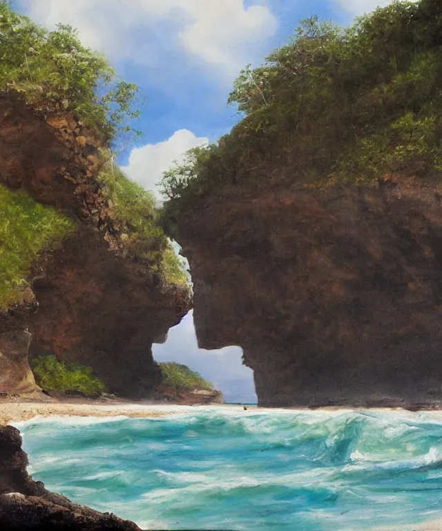 Image similar to photorealistic painting of turtle bay beach jamaica, sharp cliffs, island with cave, dark, atmospheric, brooding, smooth, finely detailed, cinematic, epic, in the style of dave dorman