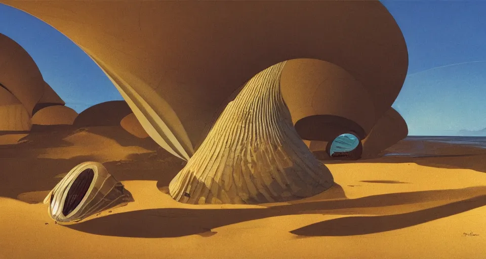 Prompt: a giant seashell house in the middle of nowhere, by syd mead, moebius, j. h. williams iii