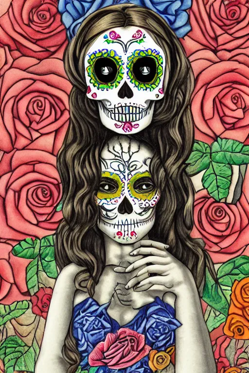 Prompt: illustration of a sugar skull day of the dead girl, art by diego rivera