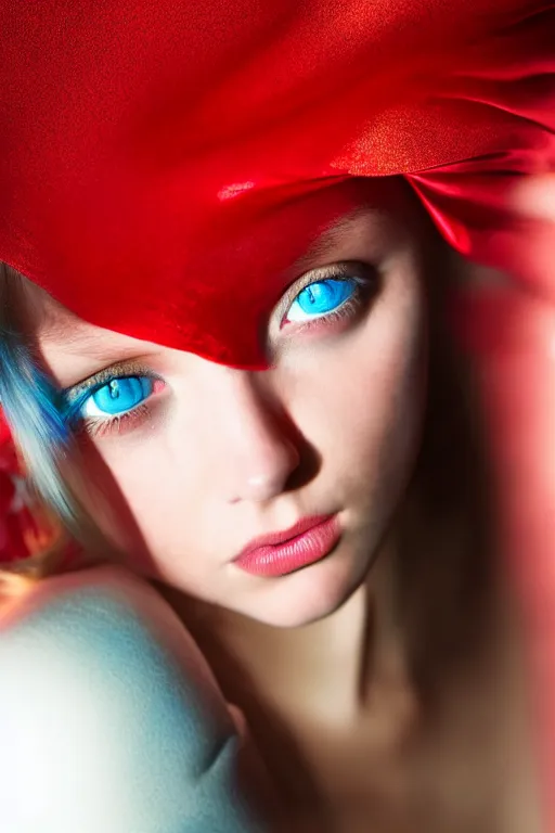 Prompt: a girl with cold blue eyes, standing in a dark room under the bright lighting of cold lamps, in bright red silk clothes golden ratio, by james jean, medium close - up, perfect composition, dramatic, medium close - up ( mcu ), cannon ef 6 5 mm f / 2. 8