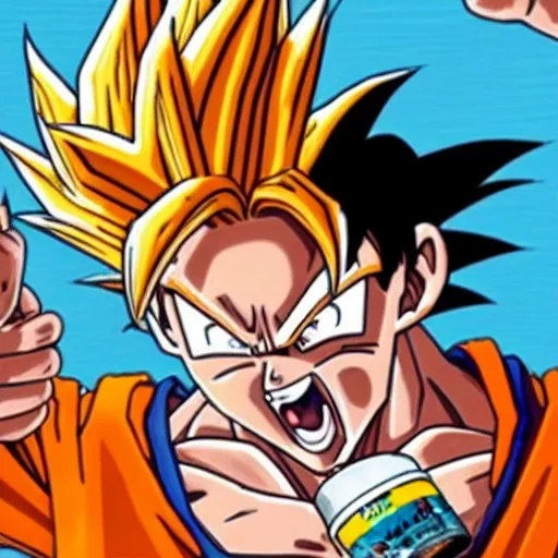 Prompt: “ goku eating a can of baked beans ”