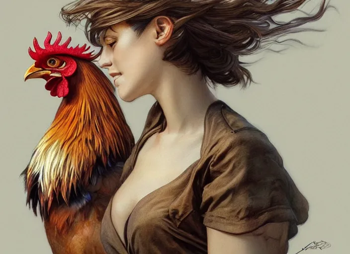 Image similar to full figure ultra realistic illustration, rooster, beautiful, intricate, elegant, highly detailed, digital painting, artstation, concept art, smooth, sharp focus, illustration, art by artgerm and greg rutkowski and alphonse mucha