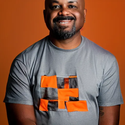 Image similar to a bald middle aged black man with a goatee in an orange gym shirt, high quality portrait