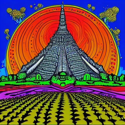 Image similar to psychedelic mole antonelliana in the style of robert crumb, with hallucinogenic mushrooms in the background, vivid colours